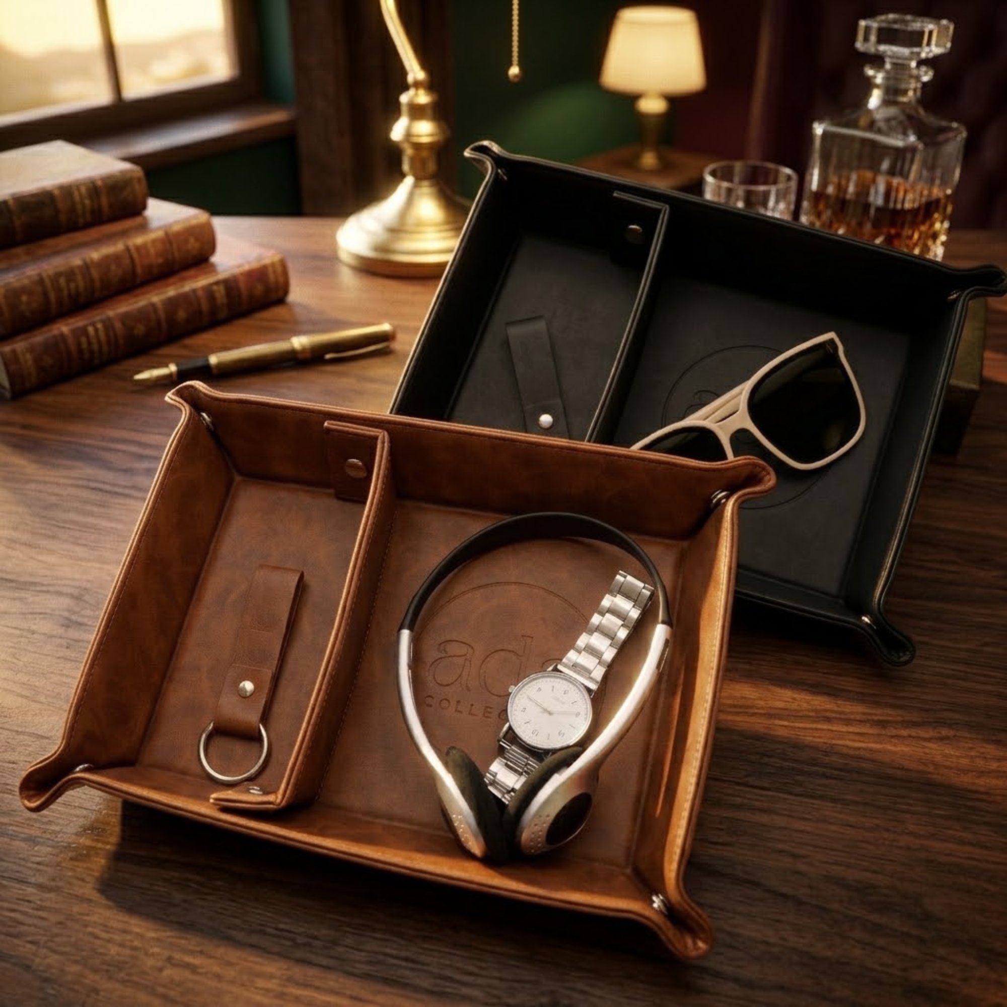 Ada Collection leather valet tray mens desk organizer EDC tray watch holder