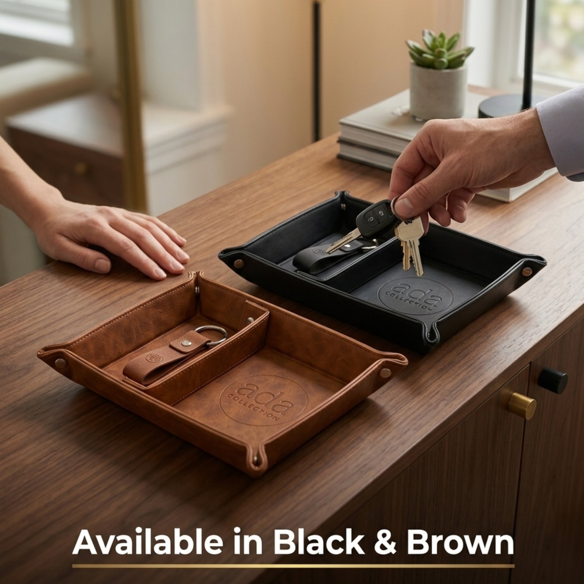 Ada Collection leather valet tray lifestyle mens EDC organizer desk nightstand